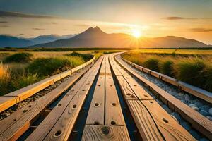 un de madera puente terminado un campo con montañas en el antecedentes. generado por ai foto