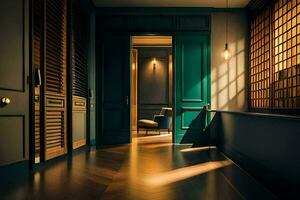 a hallway with wooden floors and green doors. AI-Generated photo