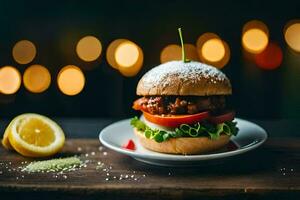 a hamburger with tomato, lettuce and a slice of lemon. AI-Generated photo