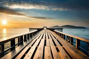 a wooden pier stretches out into the ocean at sunset. AI-Generated photo