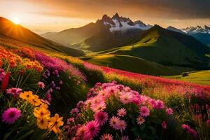 the sun rises over a field of flowers and mountains. AI-Generated photo