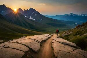 un hombre camina arriba un montaña sendero a puesta de sol. generado por ai foto