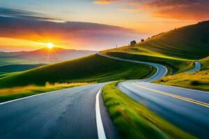 a winding road with the sun setting in the distance. AI-Generated photo