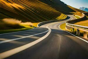 un coche conducción en un devanado la carretera en el montañas. generado por ai foto