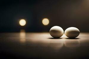 two eggs on a table with lights in the background. AI-Generated photo