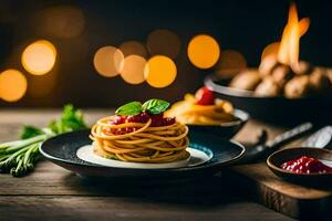 spaghetti with tomato sauce and basil leaves on a plate. AI-Generated photo