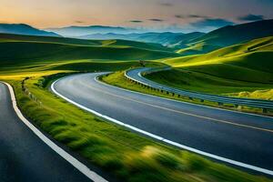 a winding road in the mountains with green hills. AI-Generated photo