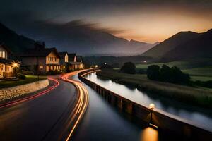 a long exposure photograph of a road and houses in the mountains. AI-Generated photo