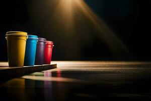 a row of colorful cups on a table. AI-Generated photo