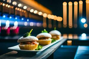 three cupcakes on a white plate with lights in the background. AI-Generated photo