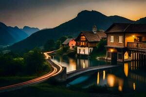 a house and bridge in the mountains at sunset. AI-Generated photo