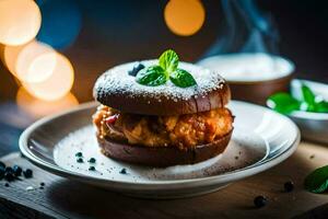 a hamburger with a mint leaf on top. AI-Generated photo