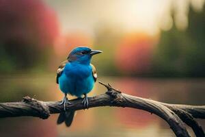 a blue bird sitting on a branch near a lake. AI-Generated photo