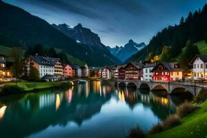 el pueblo de Altenburg en el Alpes a noche. generado por ai foto