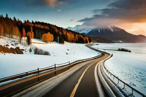 a road in the snow with mountains in the background. AI-Generated photo