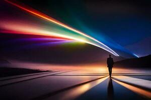 un hombre en pie en frente de un arco iris ligero. generado por ai foto