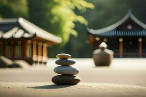 a stack of stones in front of a pagoda. AI-Generated photo