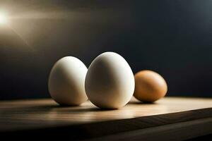 three eggs on a table with a light behind them. AI-Generated photo