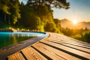 a wooden deck with a pool in the background. AI-Generated photo