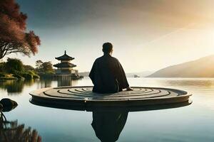 un hombre sentado en un flotante plataforma en el medio de un lago. generado por ai foto