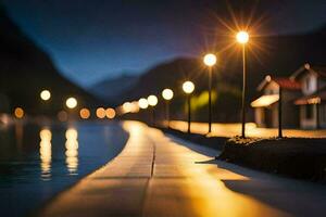 photo wallpaper the night, lights, the road, the water, the house, the house,. AI-Generated