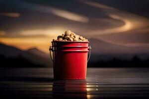 a red bucket filled with nuts on a wooden table. AI-Generated photo