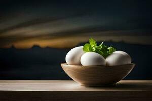 white eggs in a wooden bowl on a table. AI-Generated photo