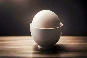 un huevo en un taza en un mesa. generado por ai foto