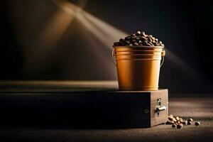 coffee beans in a bucket on a wooden table. AI-Generated photo