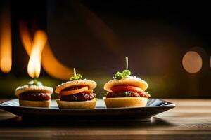 three mini sandwiches on a plate with a fire in the background. AI-Generated photo