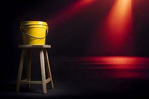 a yellow bucket on a stool in front of a red light. AI-Generated photo