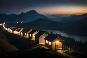 un fila de pequeño casas en un ladera a noche. generado por ai foto