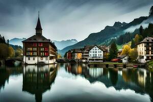 a beautiful lake and buildings in the mountains. AI-Generated photo
