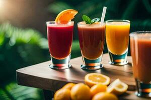 four different types of juices on a table. AI-Generated photo