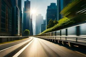 un borroso imagen de un ciudad calle con un coche conducción en él. generado por ai foto