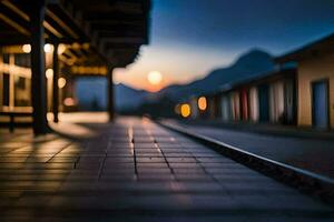 a train station at dusk with the sun setting behind it. AI-Generated photo