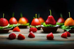 strawberries and chocolate covered strawberries on a wooden table. AI-Generated photo