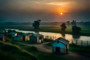 a beautiful sunrise over a river and small huts. AI-Generated photo