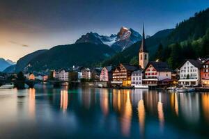 the town of hallstatt, austria, at dusk. AI-Generated photo