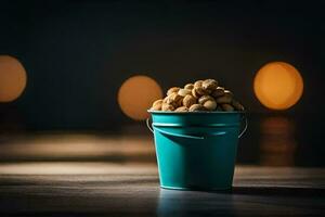 a bucket of peanuts on a table. AI-Generated photo