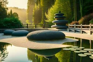 a japanese garden with rocks and water. AI-Generated photo