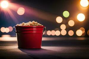 a bucket of popcorn on a table in front of a blurry background. AI-Generated photo