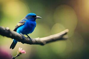 un azul pájaro se sienta en un rama con un rosado flor. generado por ai foto