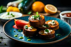 un plato con algunos carne y vegetales en él. generado por ai foto