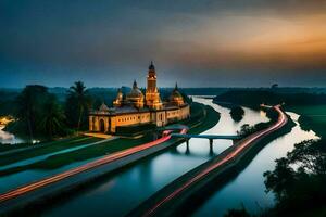 the sun sets over a river and a bridge in front of a building. AI-Generated photo