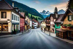 a street in the alps with mountains in the background. AI-Generated photo