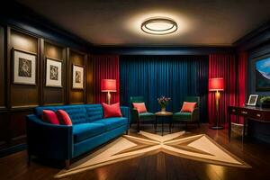 el vivo habitación tiene azul sofás y rojo sillas. generado por ai foto