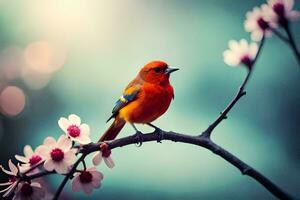 a small bird is perched on a branch with pink flowers. AI-Generated photo