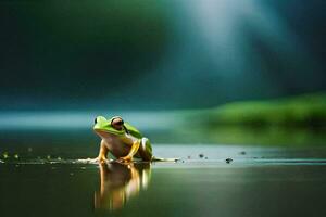 a frog sitting on the water in front of a green background. AI-Generated photo