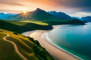 the sun sets over a beach and mountains in the background. AI-Generated photo